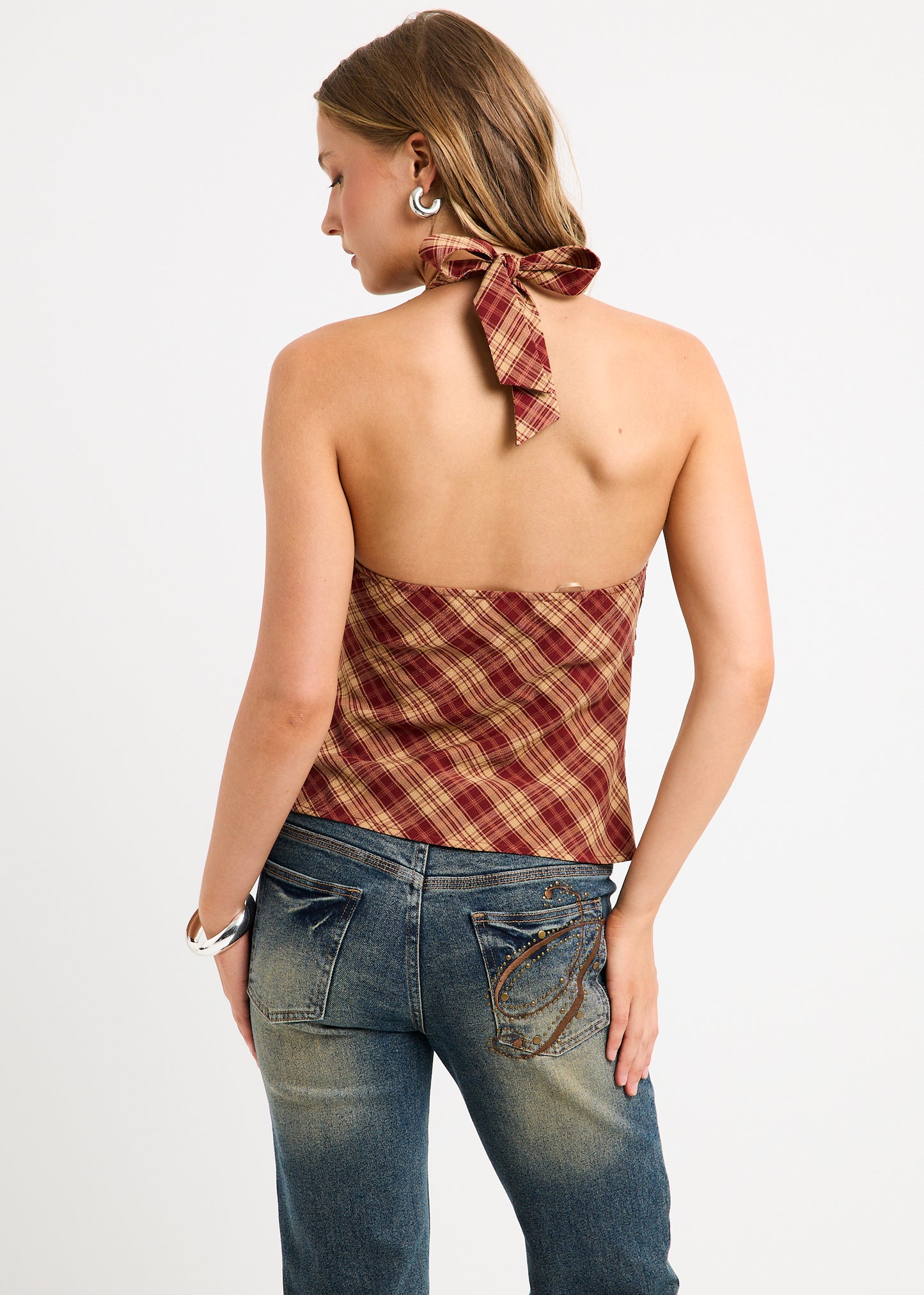 Kiera Ruched Check Halter Top