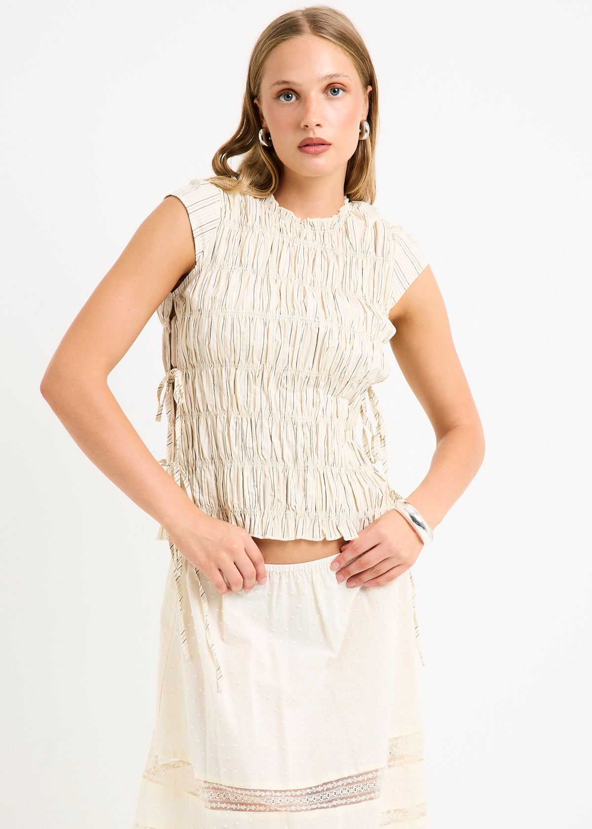 Belly Shirred Tie Top ECRU