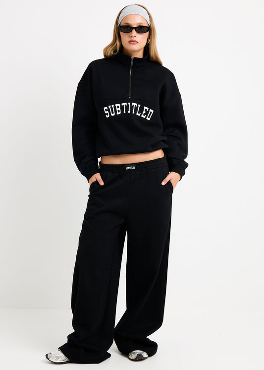 Athletic Wide Leg Fleece Pants BLACK