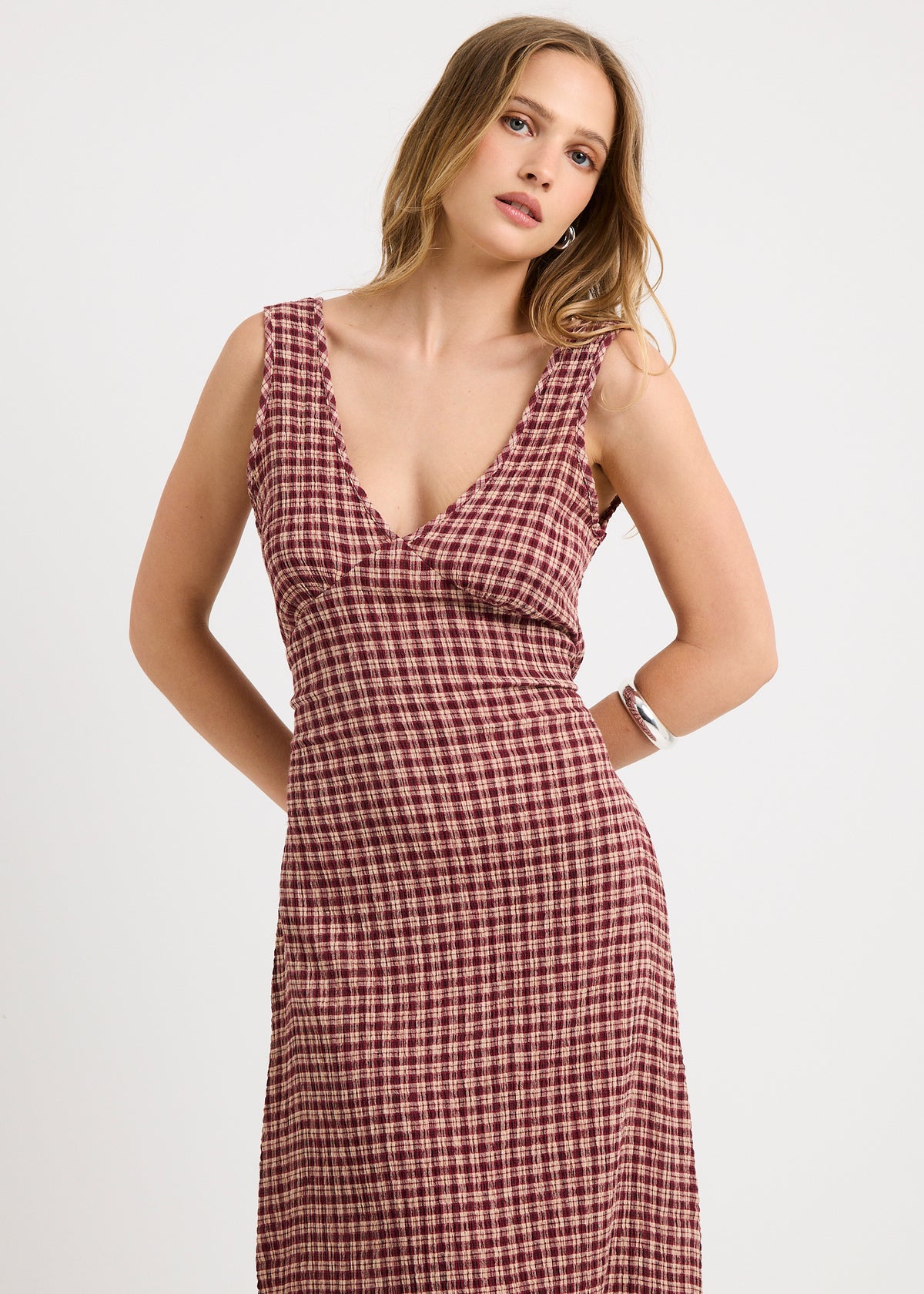Capricorn Seersucker Midi Dress BURGANDY / BEIGE CHECK