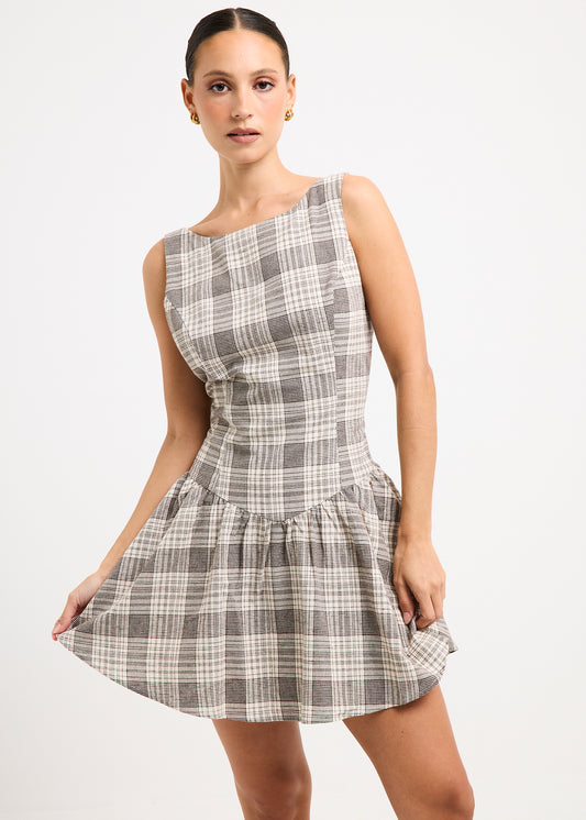 Guava Shirred Mini Dress PLAID