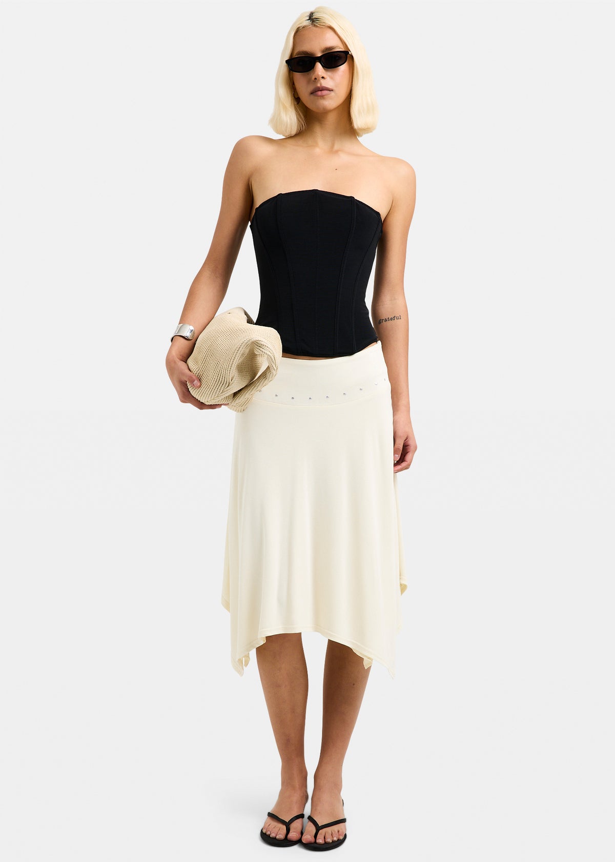 Sia Stud Handkerchief Midi Skirt WHITE