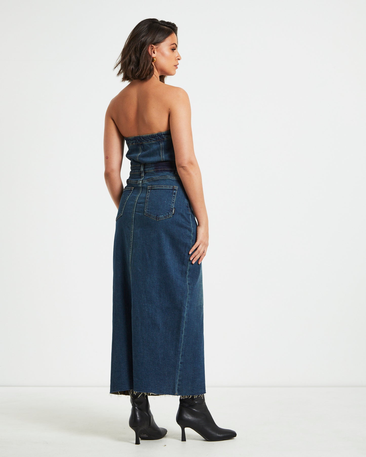 Howdy Denim Tube Midi Dress in Vintage Blue