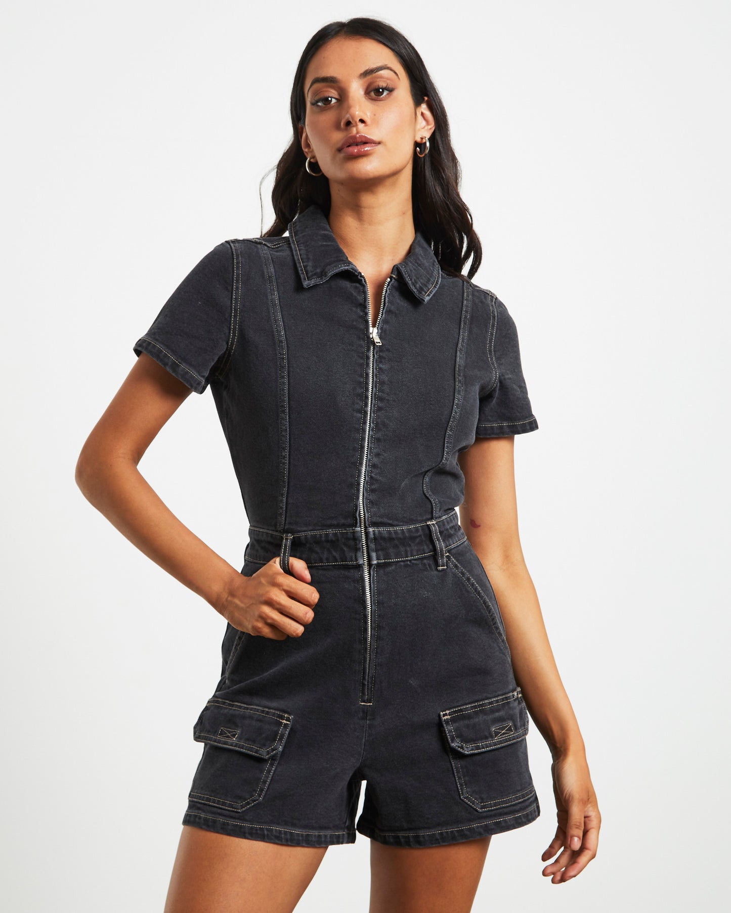 Georgia Denim Romper in Black