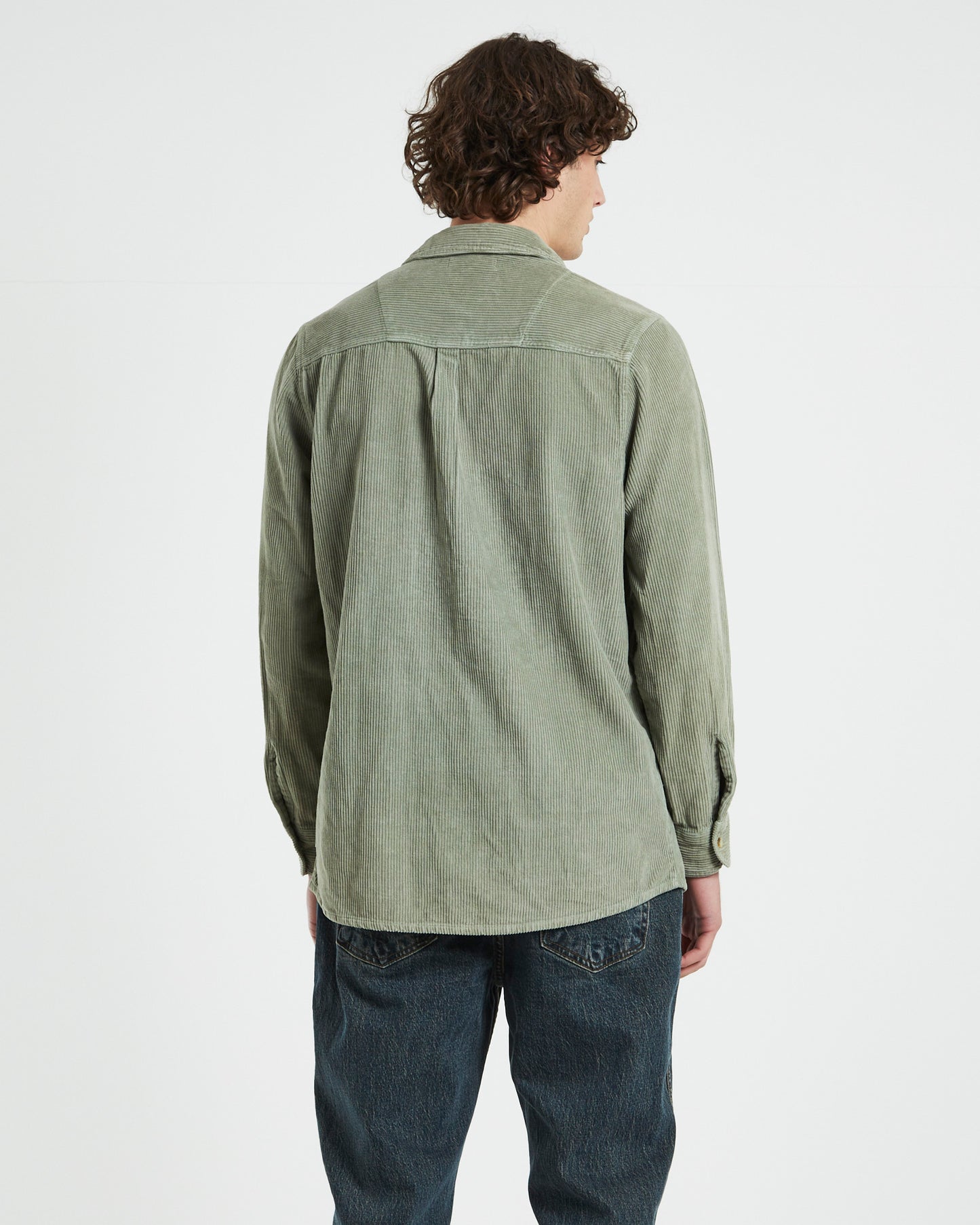 Men At Work Fat Cord Long Sleeve Shirt in Moss Green
