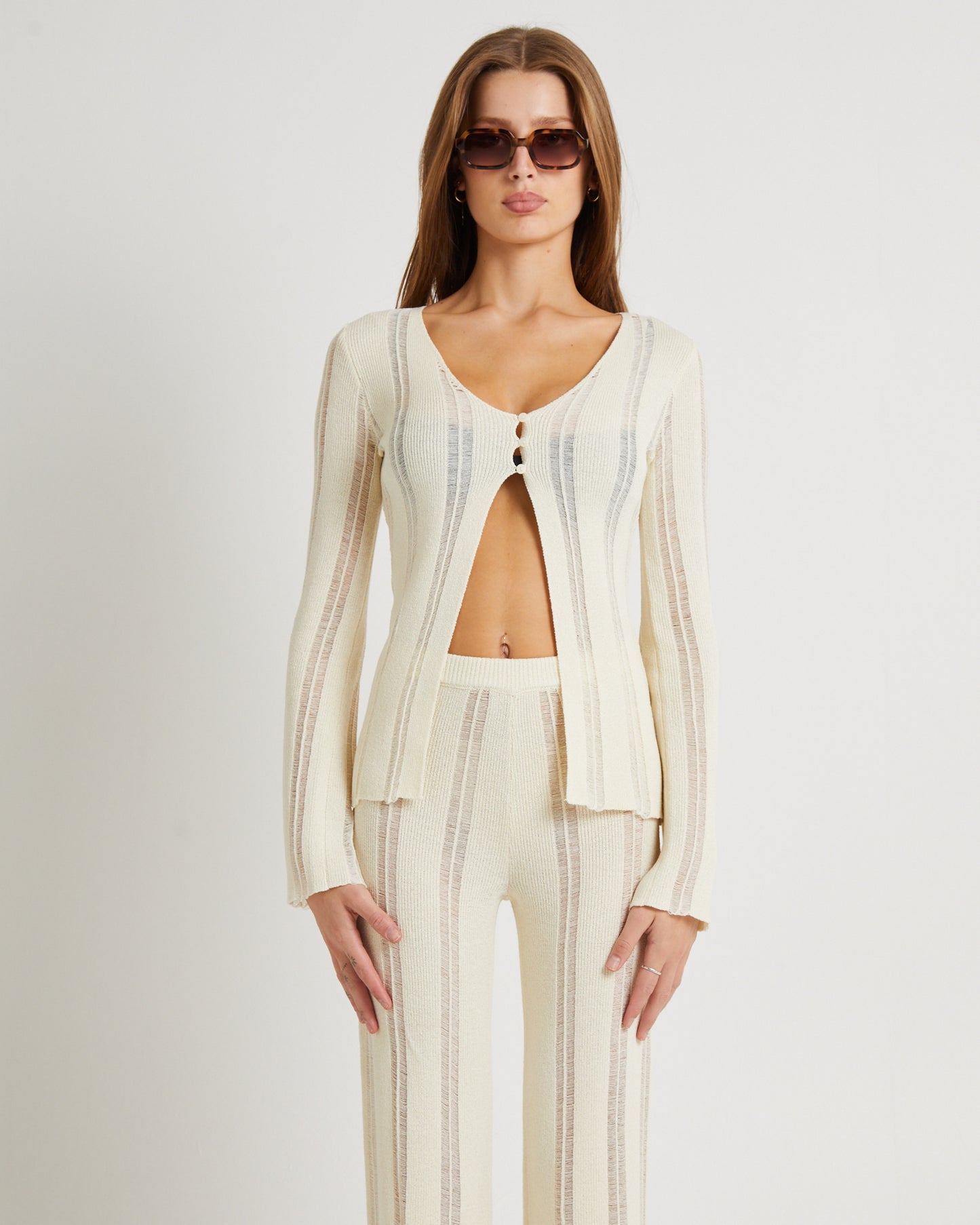Ladder Knit Button Long Sleeve Top
