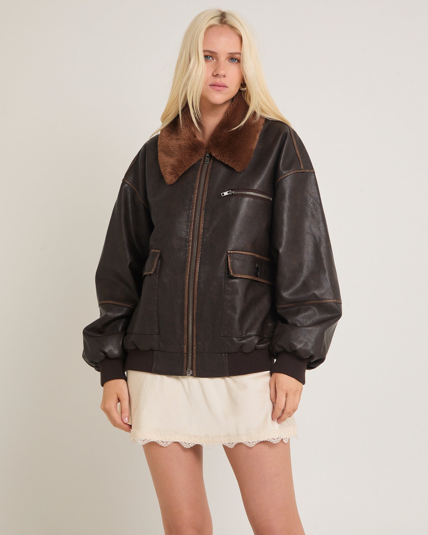 Cody Fur Trim Distressed PU Jacket