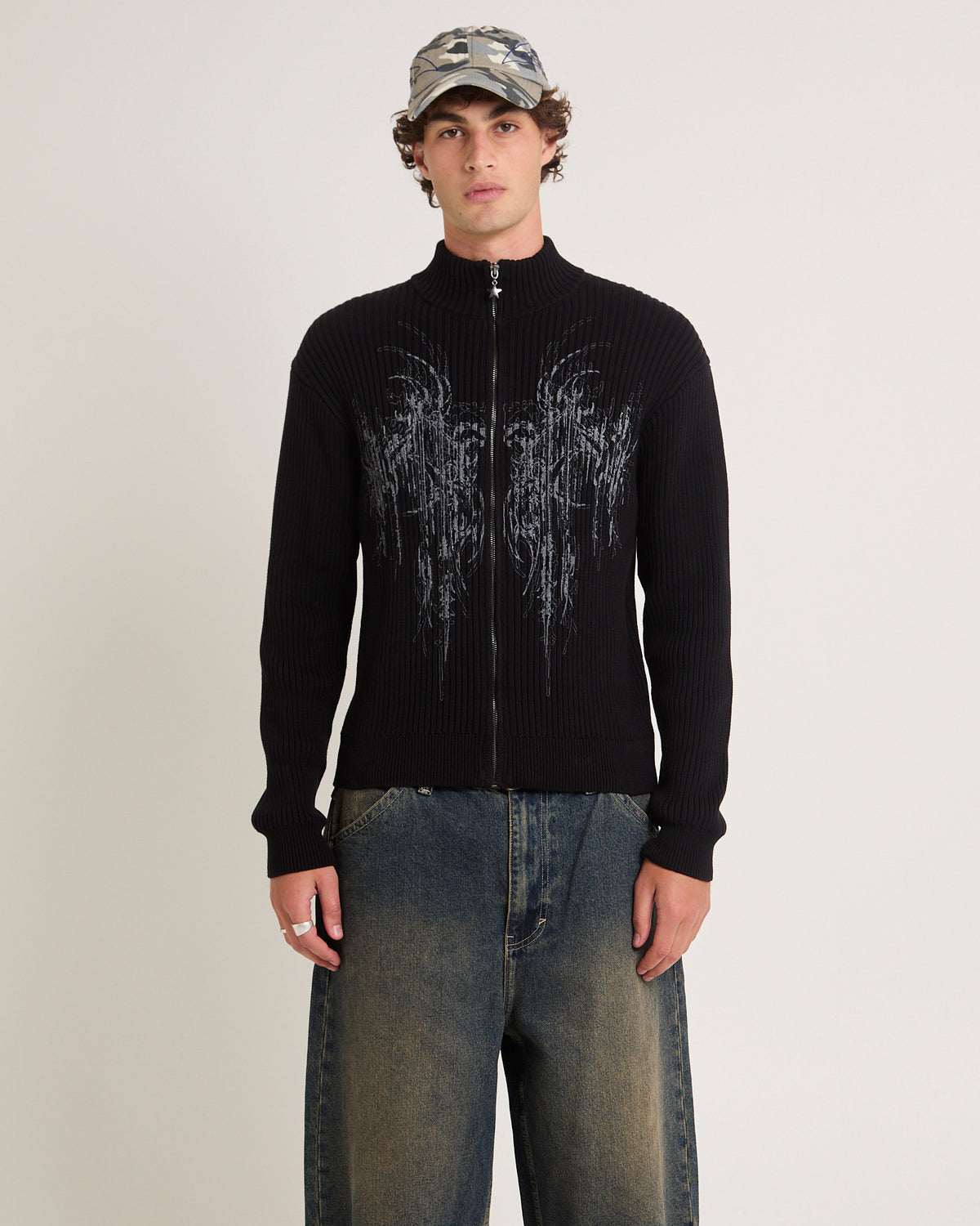 Funnel Neck Zip Through Knit Jumper BLACK