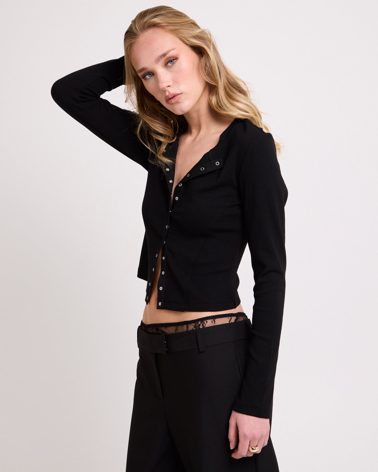 Rib Snap Front Long Sleeve Top