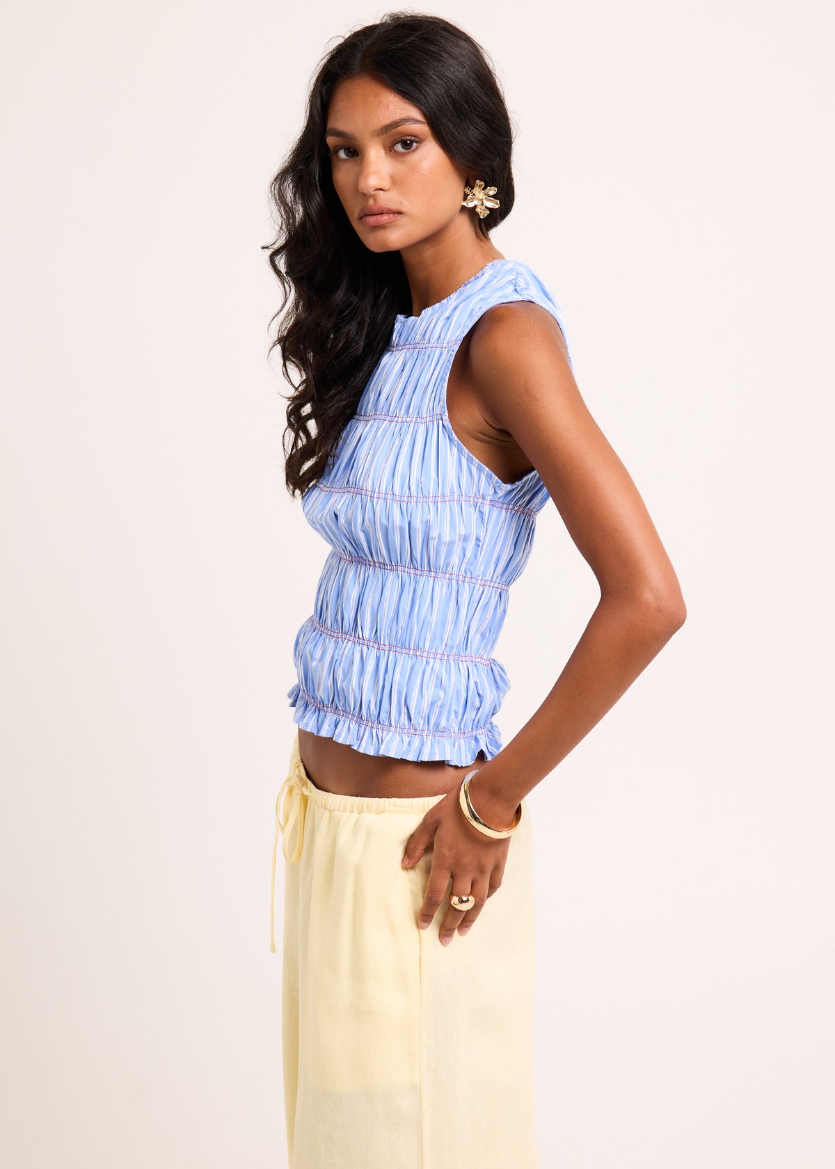 Brooke Contrast Shirred Top BLUE