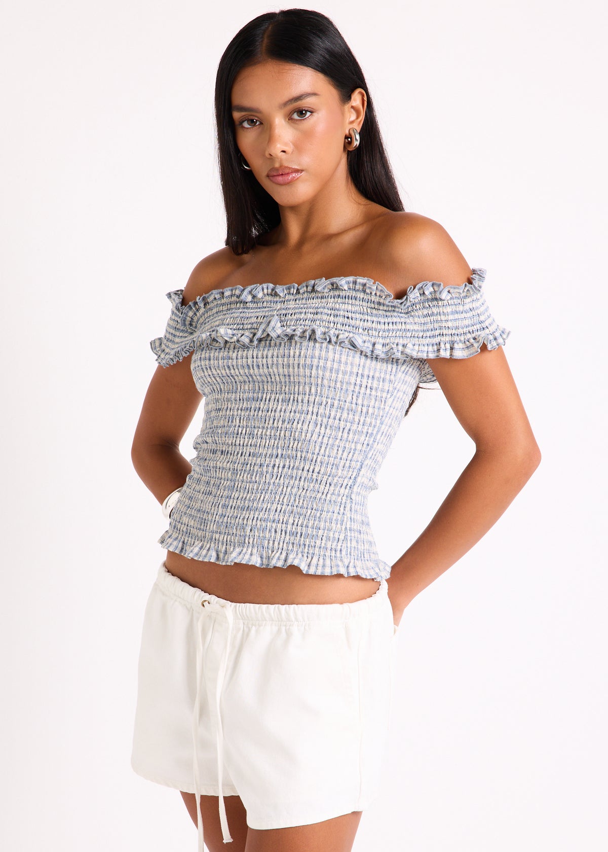 Rayna Shirred Off Shoulder Top GINGHAM
