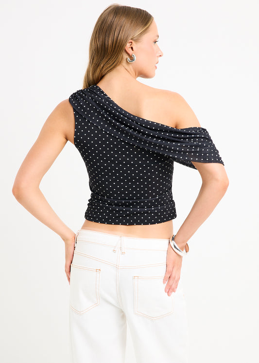 Mila Draped Top BLACK WHITE SPOT