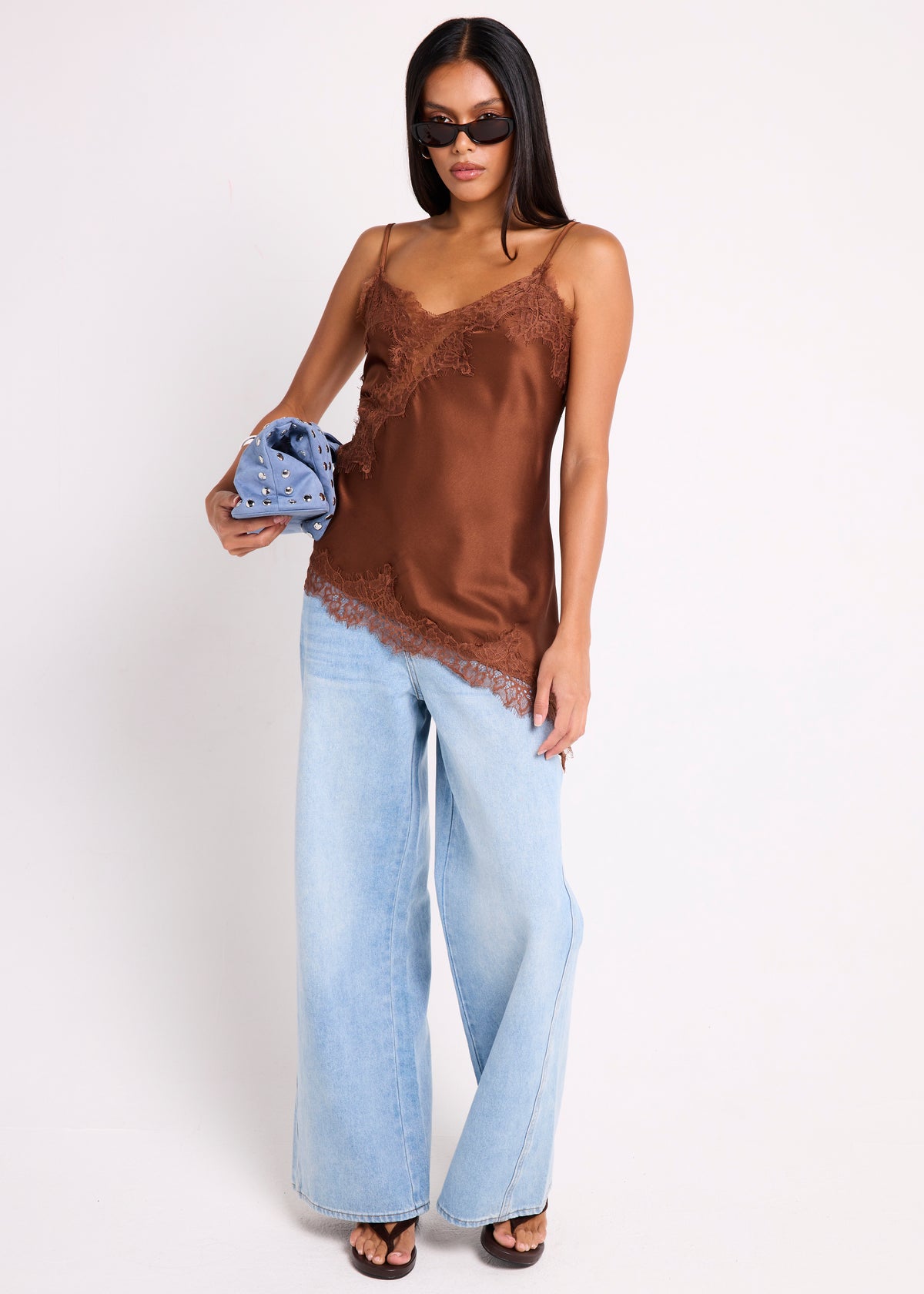Hollie Asym Hem Lace Satin Cami CHOCOLATE
