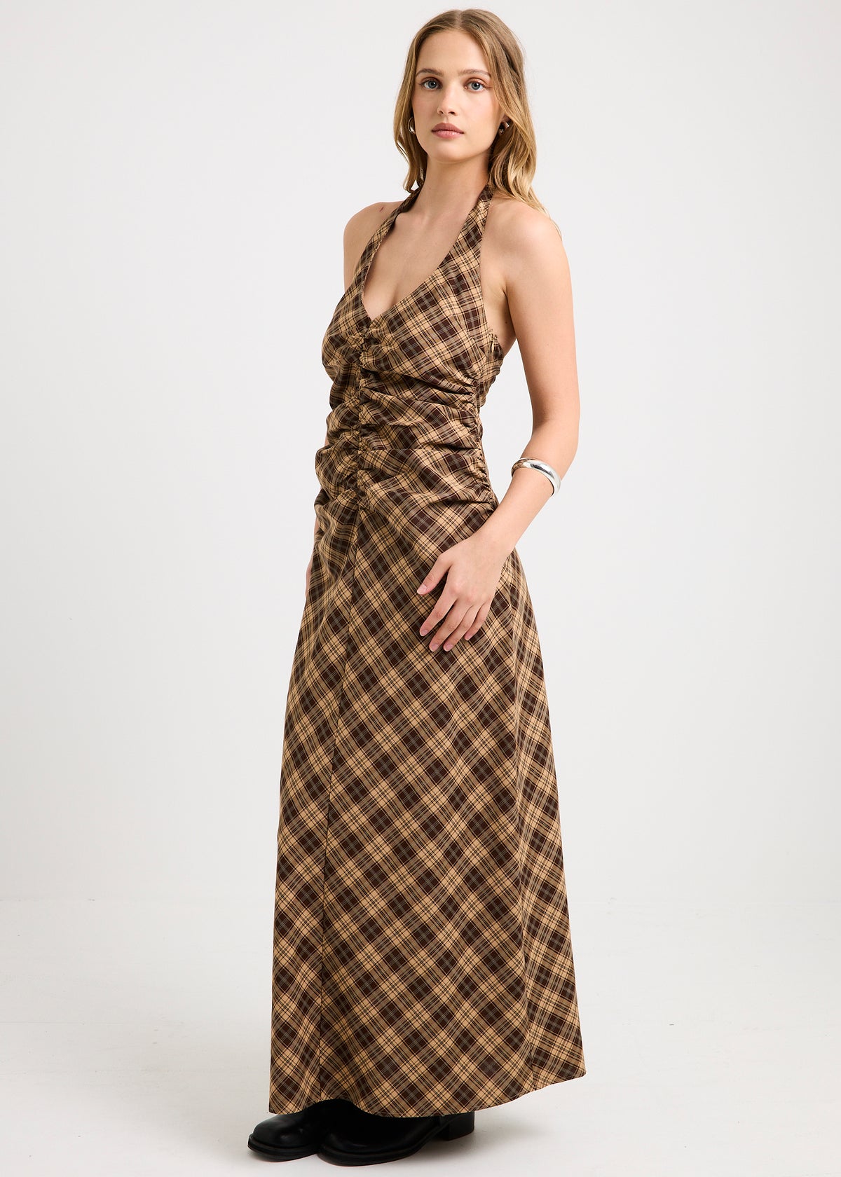 Kiera Ruched Check Halter Maxi Dress BROWN