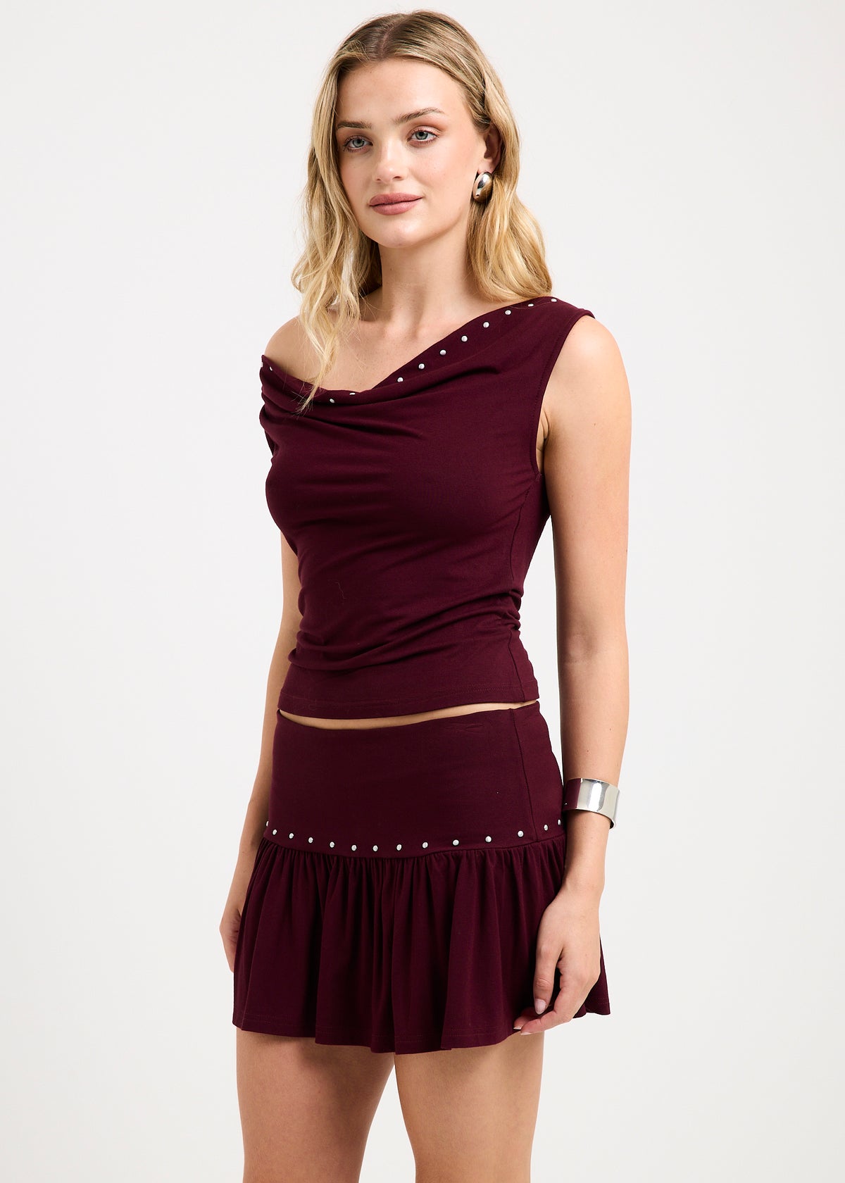 Lina Studded Cowl Neck Top BURGUNDY
