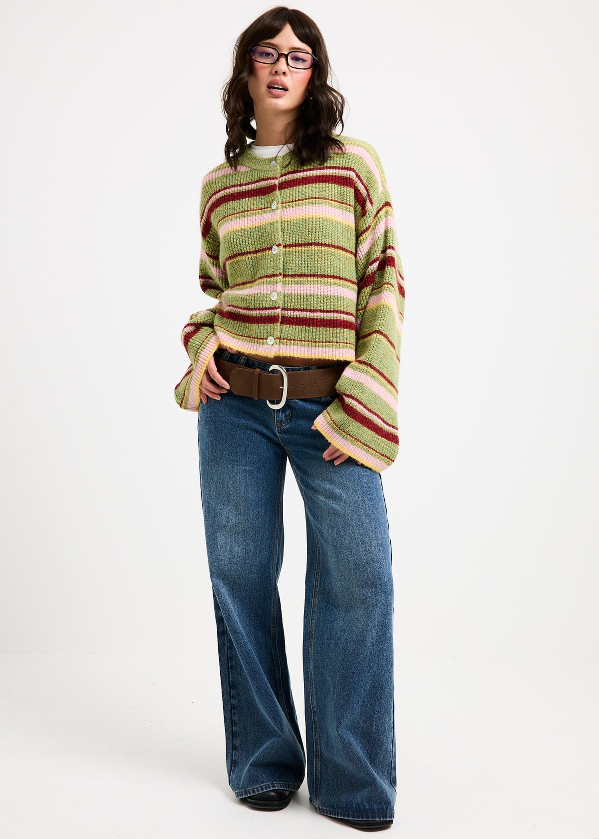 Regina Eyelash Knit Oversized Stripe Cardigan GREEN