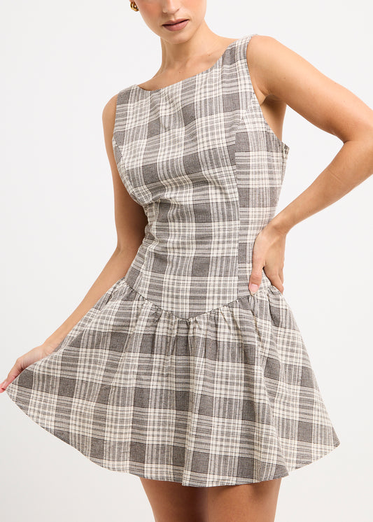 Guava Shirred Mini Dress PLAID