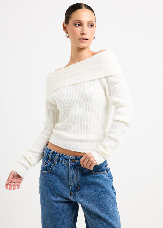 Claudia Off Shoulder Rib Knit Top IVORY