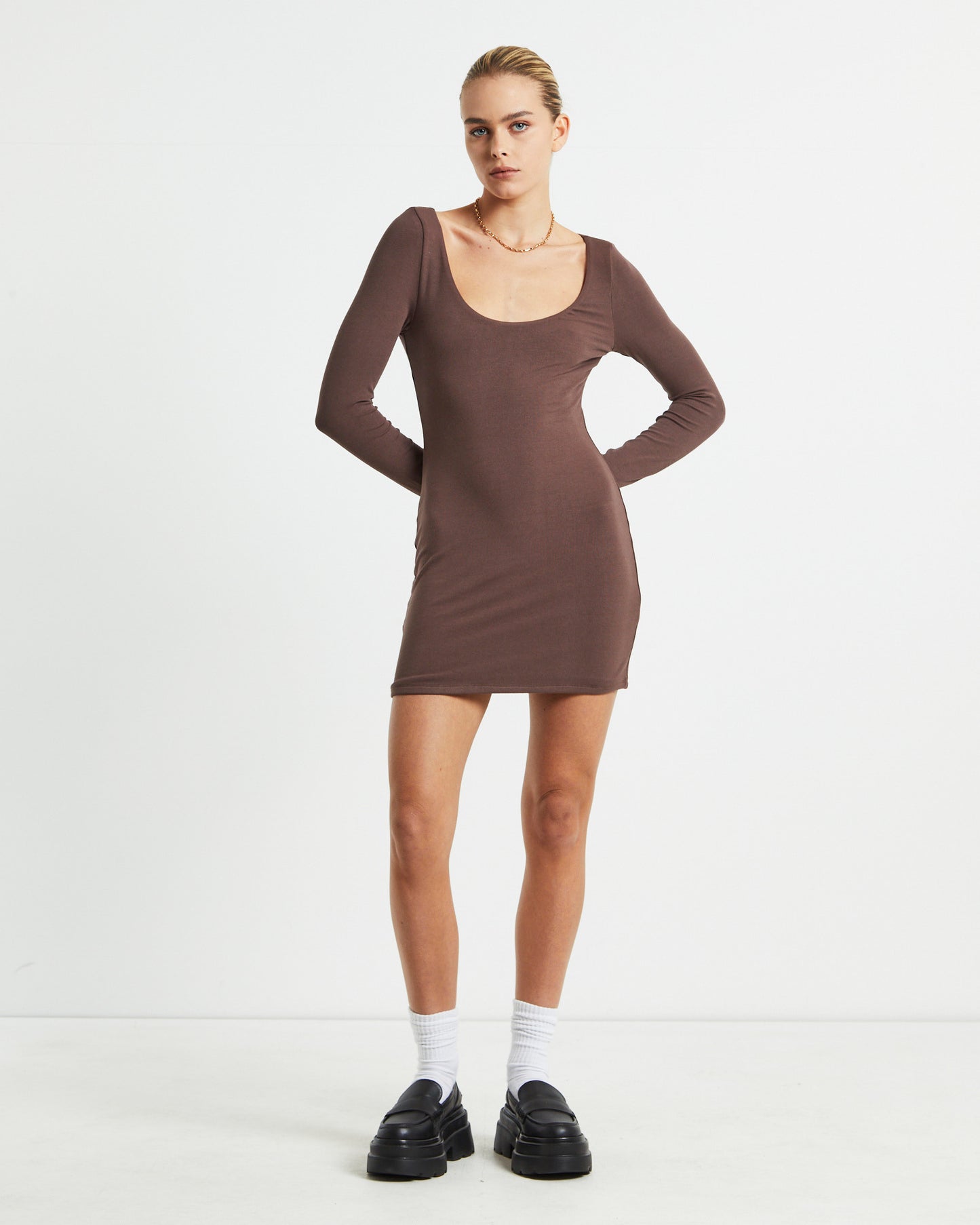 Larissa Scoop Neck Long Sleeve Mini Dress Chocolate Brown