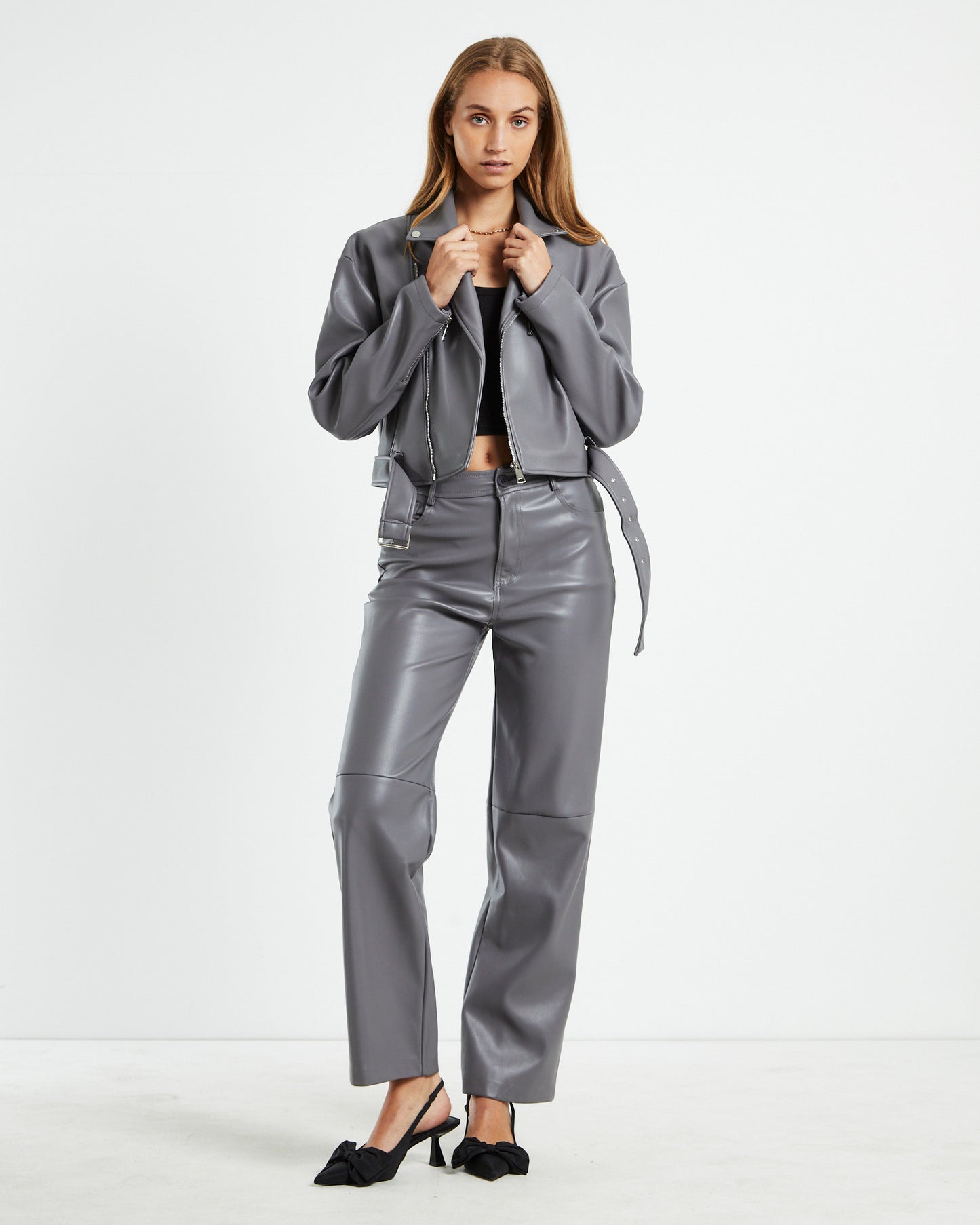Enya Boxy PU Biker Jacket Grey