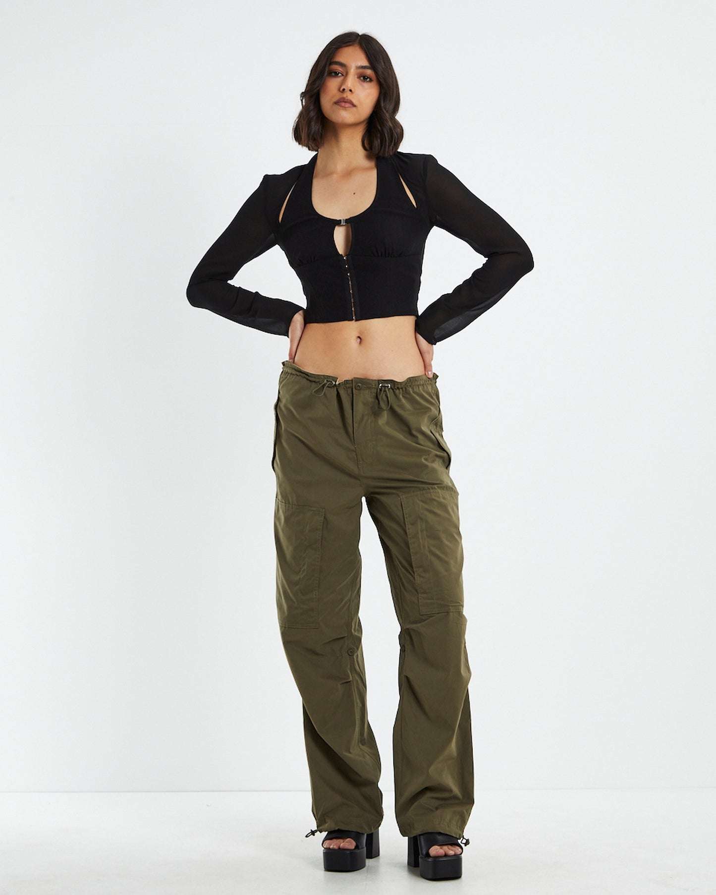 Kamali Hook Front Long Sleeve Halter Top Black