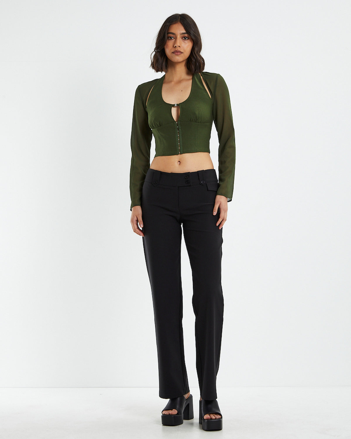 Kamali Hook Front Long Sleeve Halter Top Green GREEN