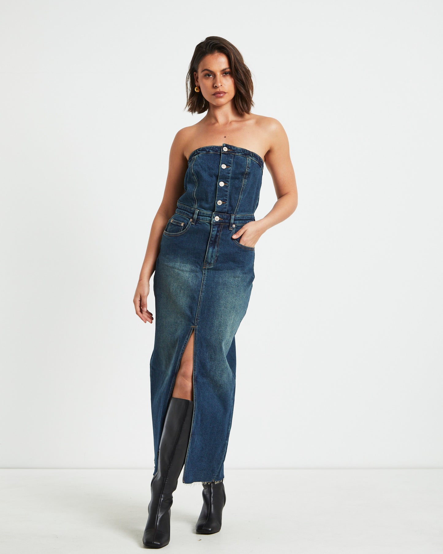 Howdy Denim Tube Midi Dress in Vintage Blue