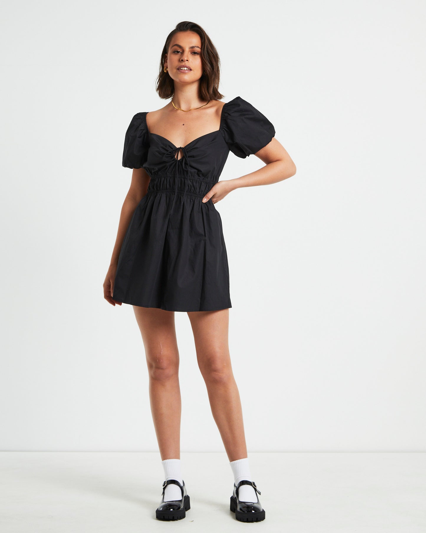 Rylee Backless Puff Sleeve Mini Dress in Black
