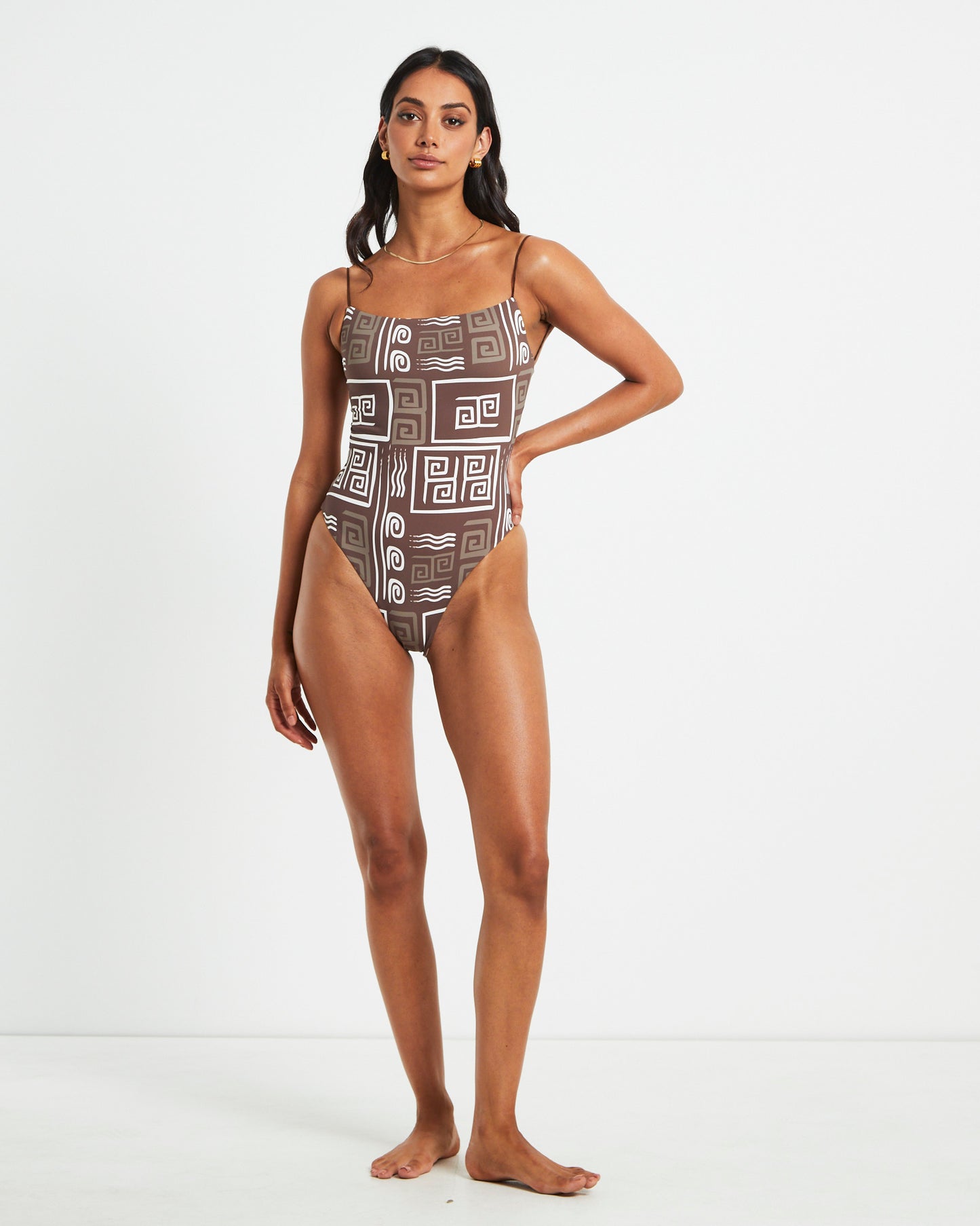 Jenna Skinny Strap One Piece in Brown/White