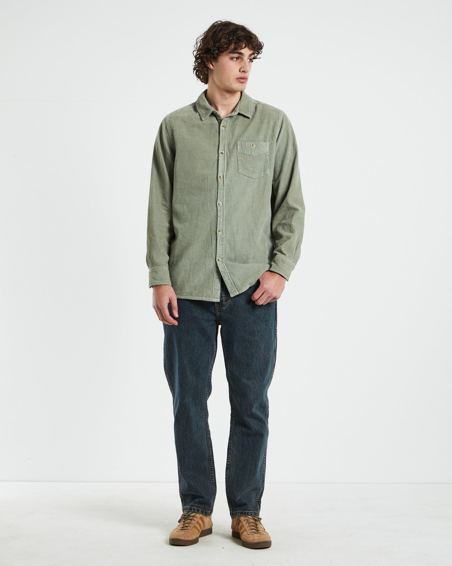 Men At Work Fat Cord Long Sleeve Shirt in Moss Green