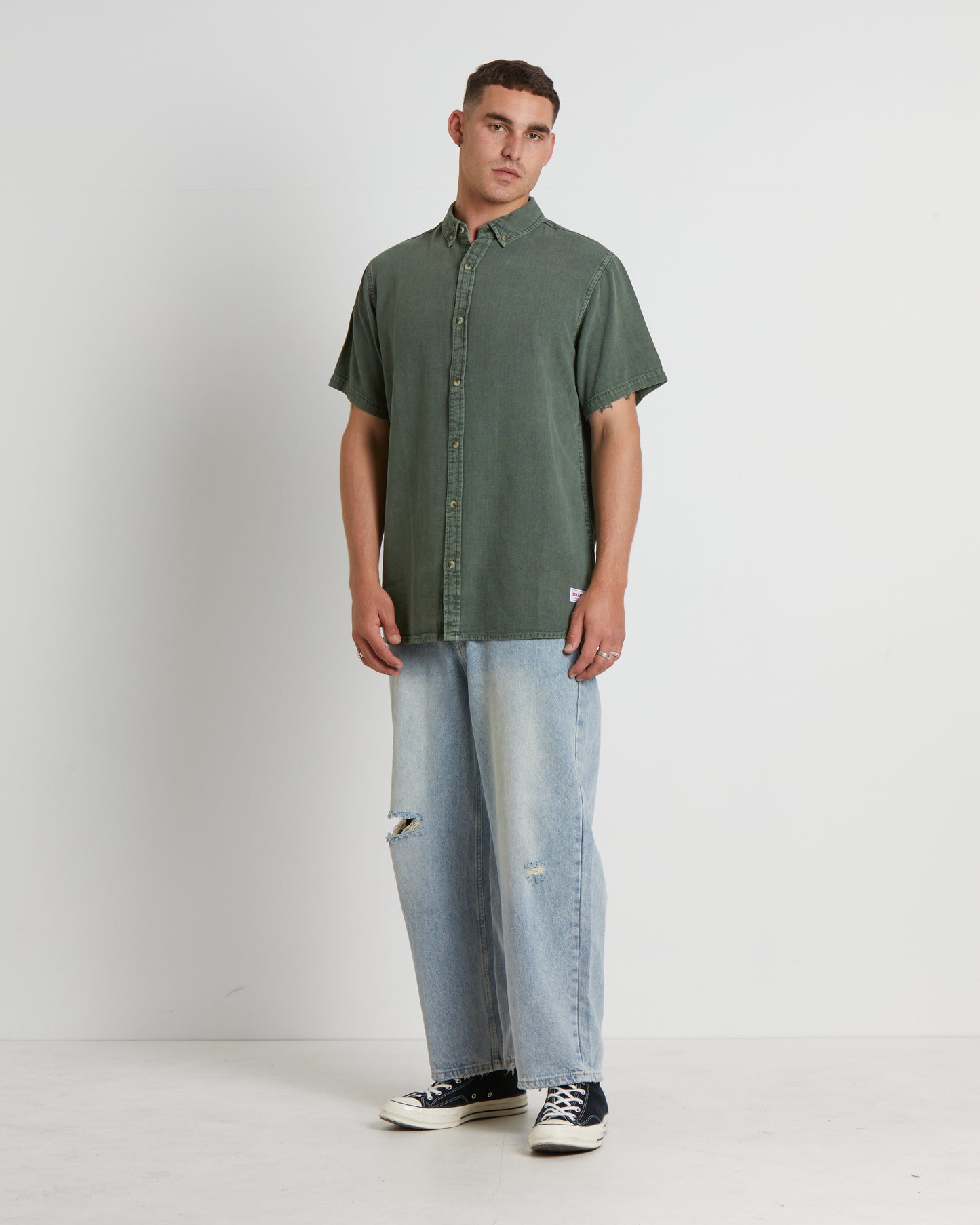 Men At Work Oxford Short Sleeve Shirt in Thyme Green