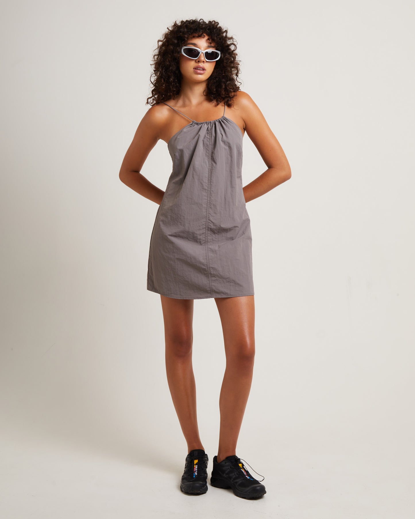 Tech Halter Neck Mini Dress in Peat