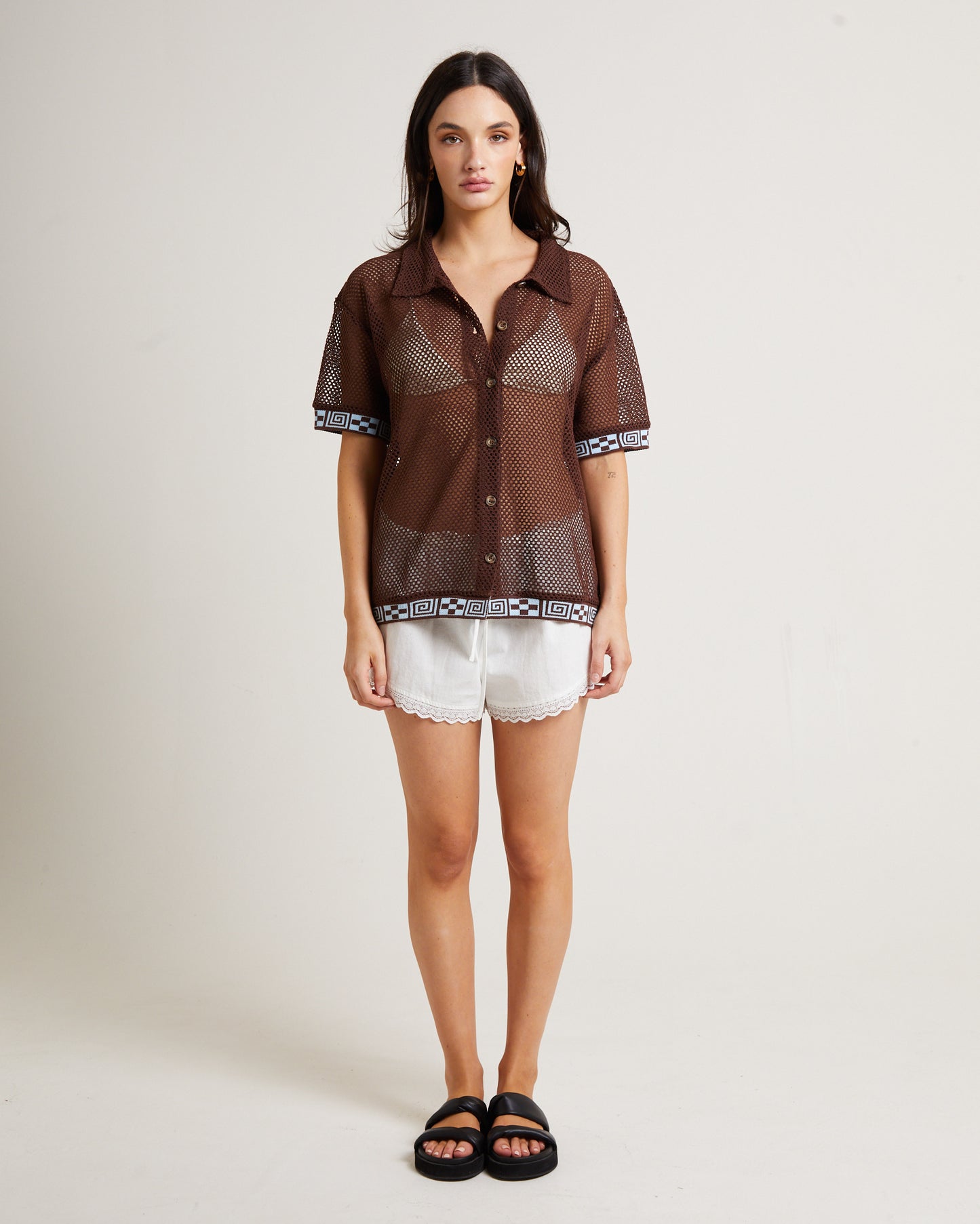 Dimension Crochet Short Sleeve Shirt in Chocolate