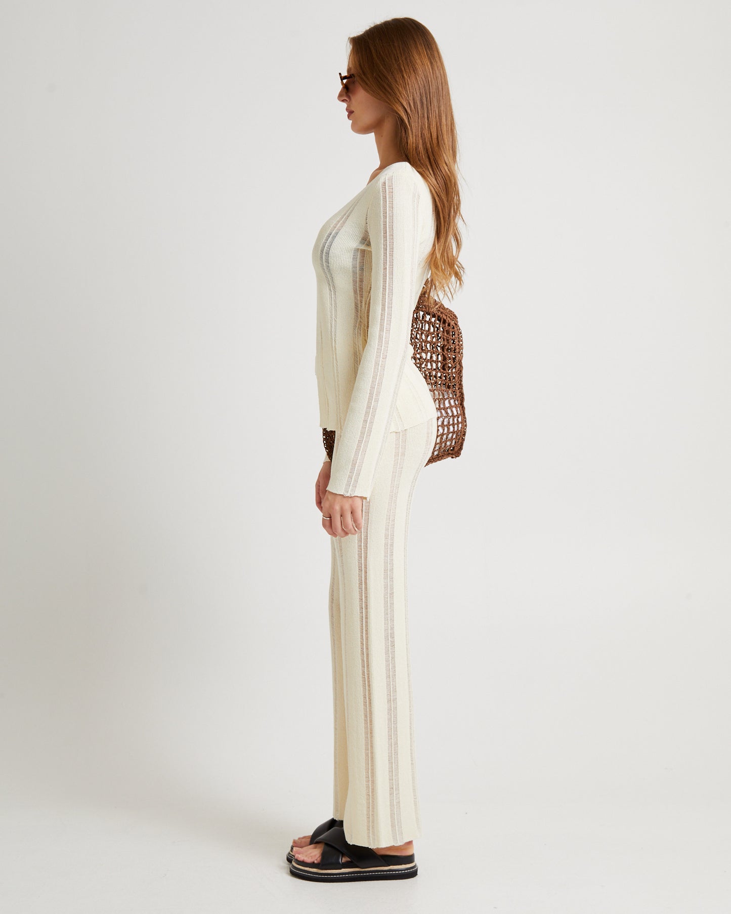 Ladder Knit Button Long Sleeve Top