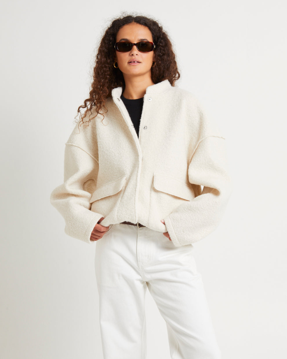 Cotton Boucle Full-Zip Bomber Jacket