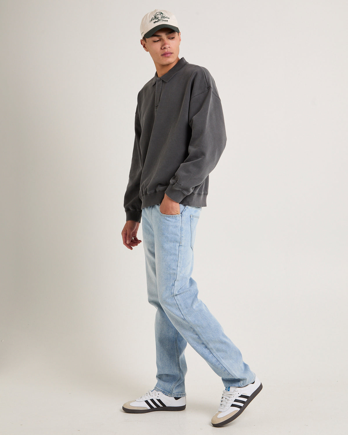 Script Fleece Polo Shirt WASHED BLACK