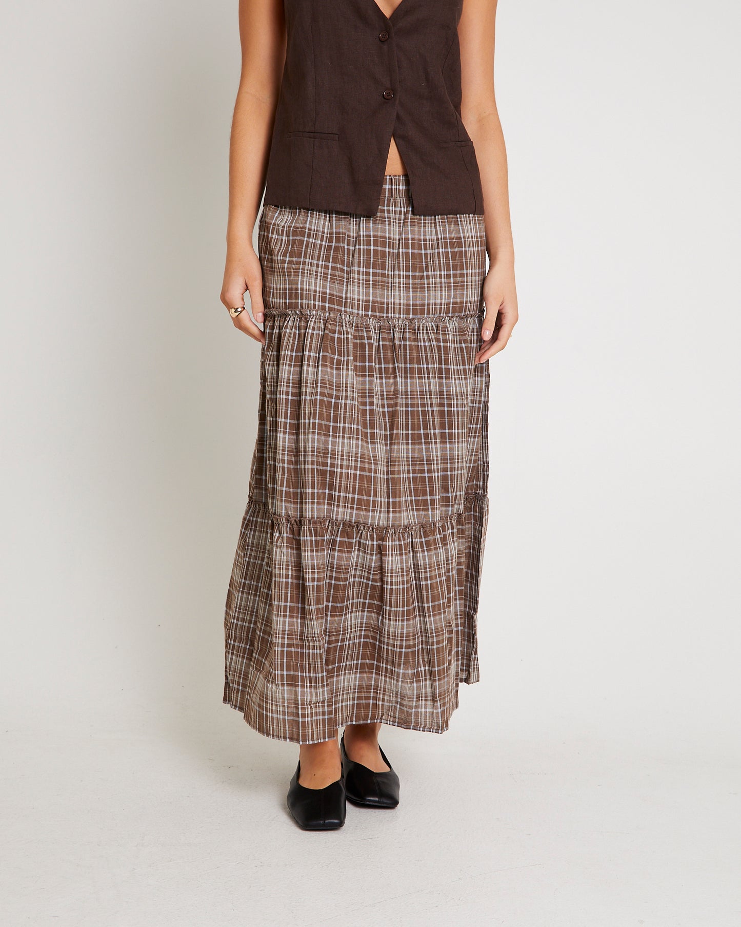 Juno Tierd Check Midi Skirt