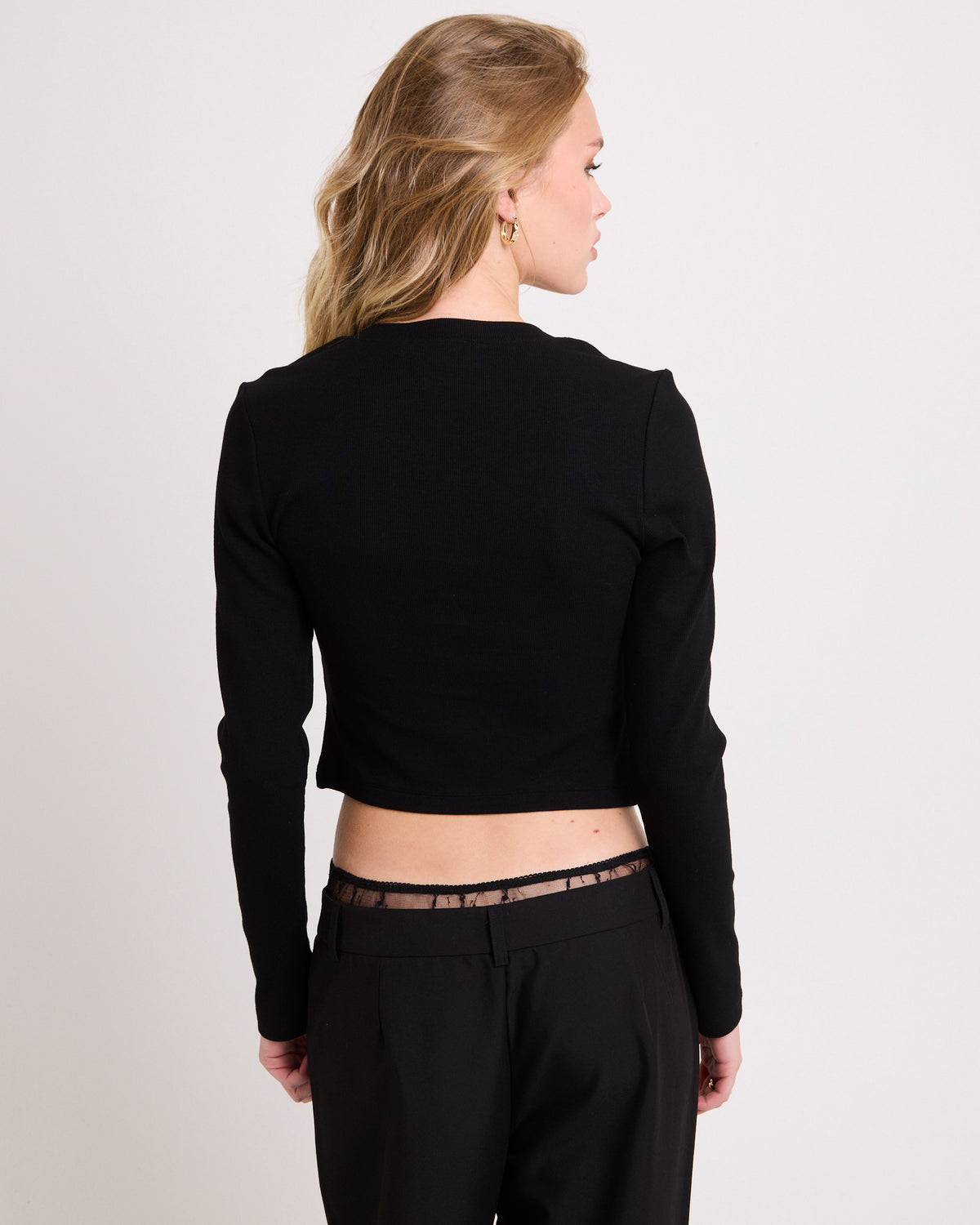 Rib Snap Front Long Sleeve Top BLACK