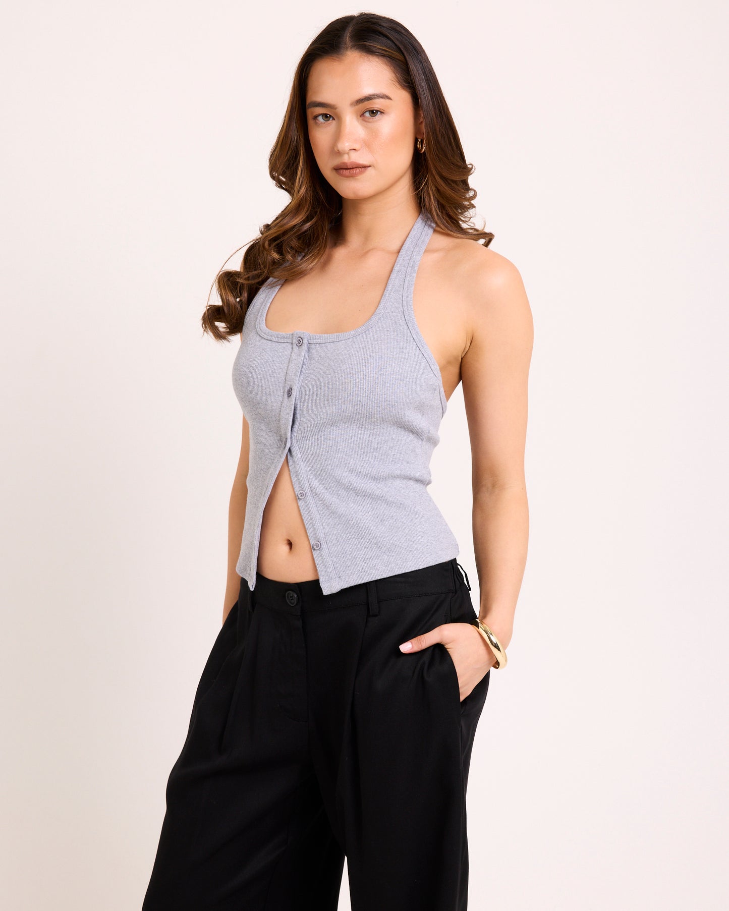 Saga Rib Button Halter Tank