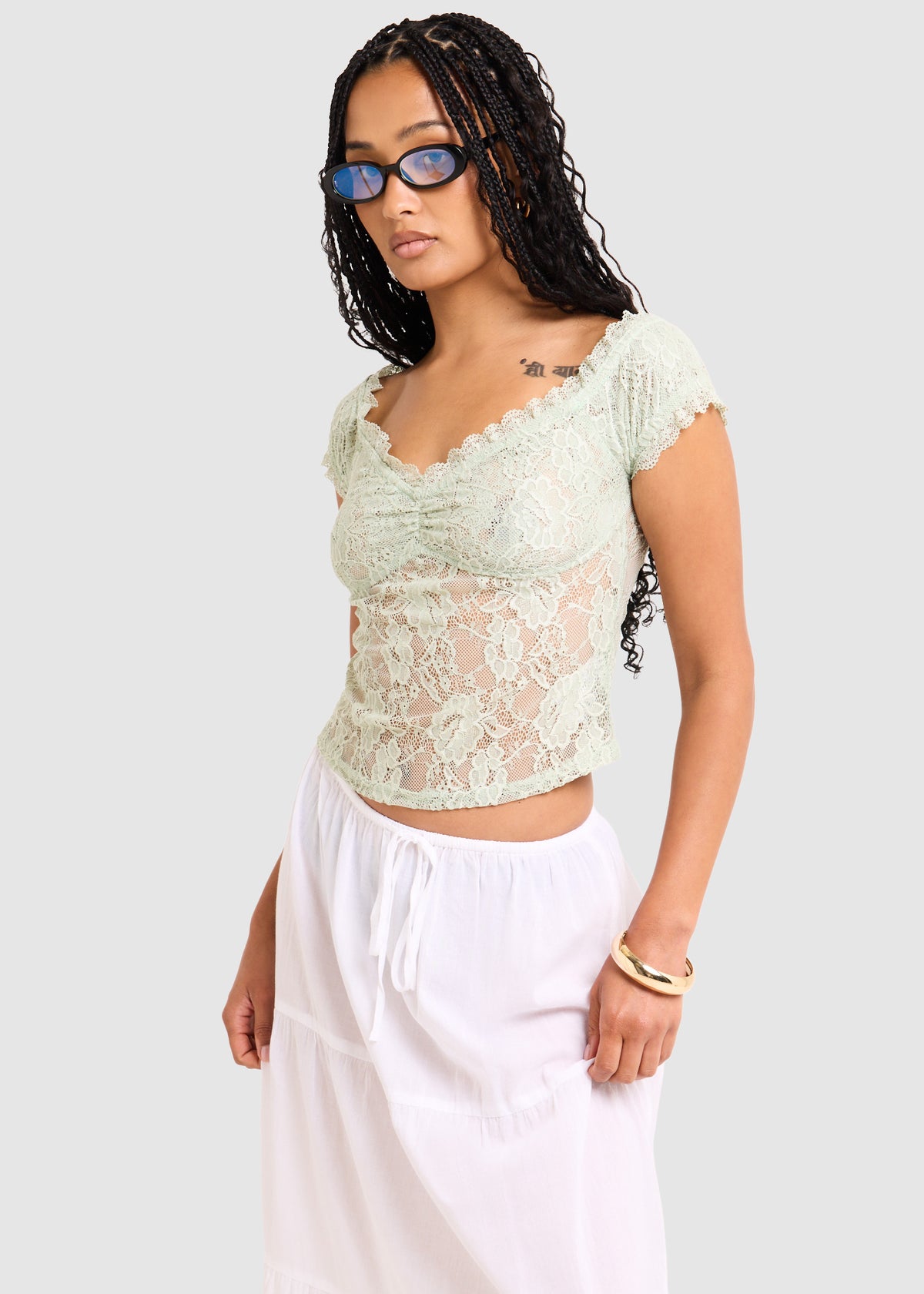 Elsie Lace Off Shoulder Top MATCHA