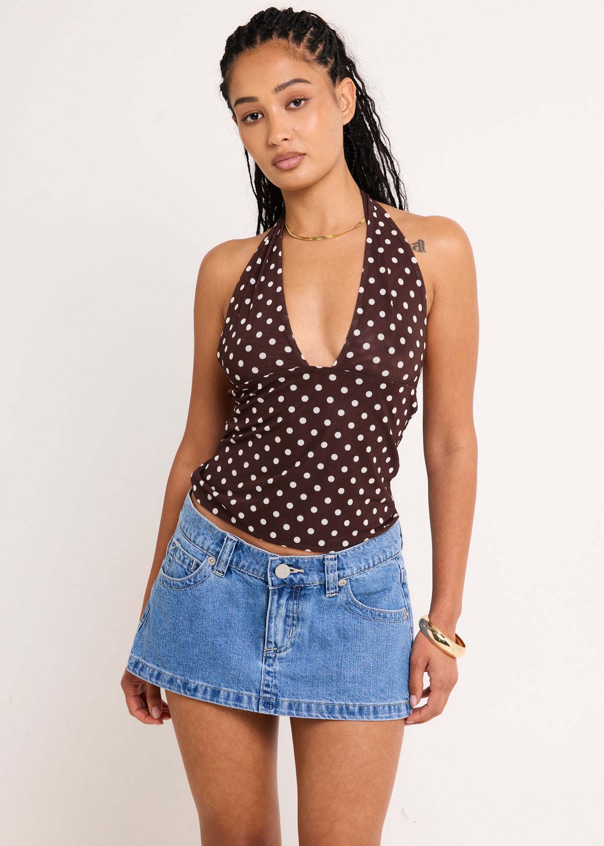 Ava Slinky Plunge Top BROWN POLKA