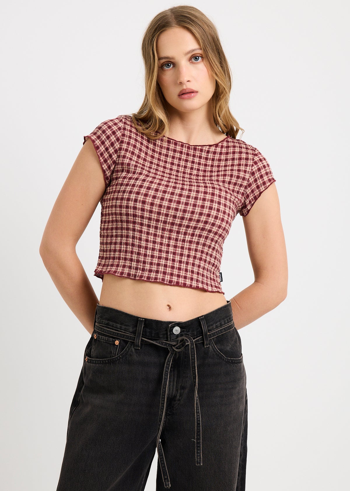 Darcy Seersucker Top BURGANDY / BEIGE CHECK