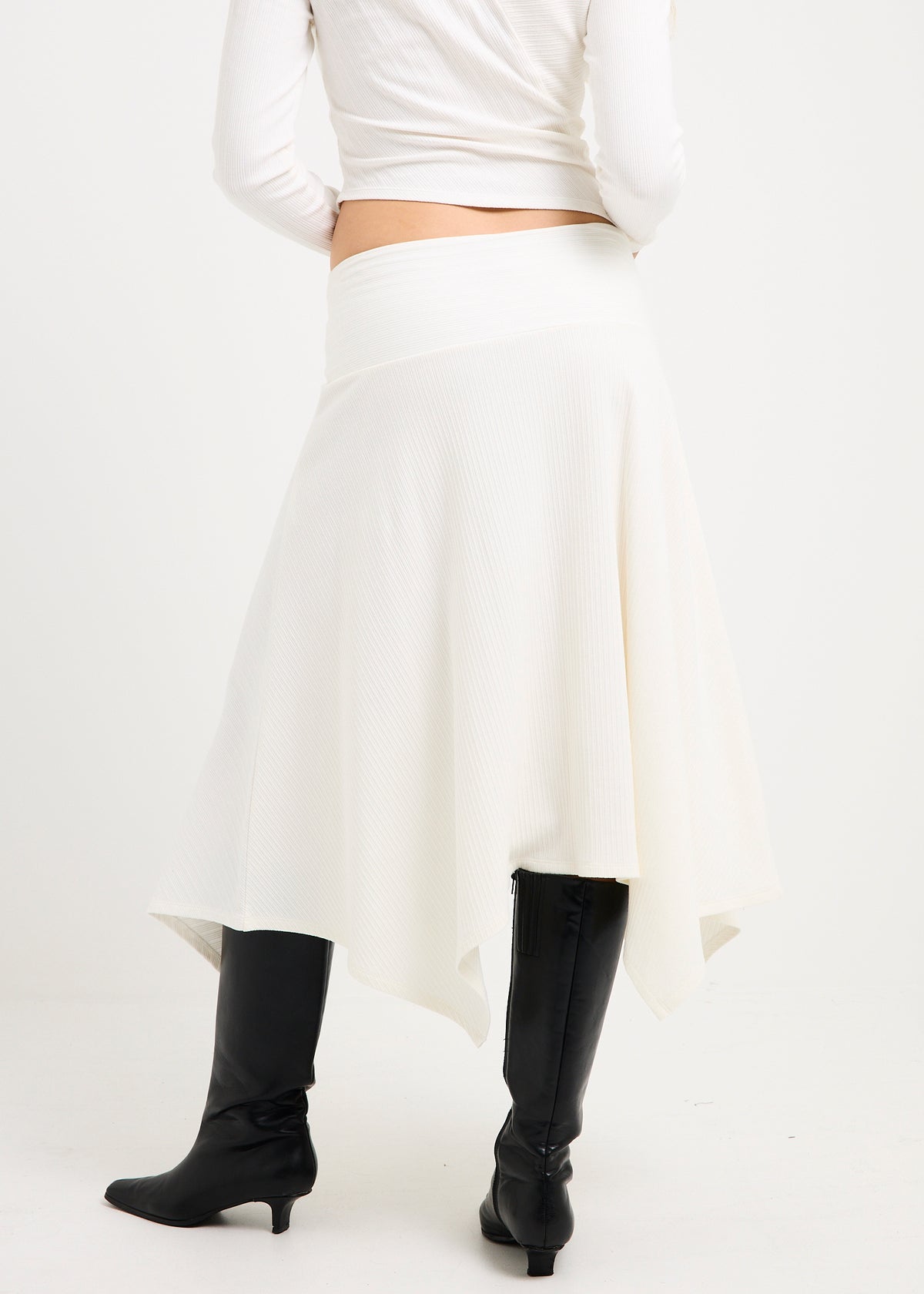 Ashley Ribbed Assymetrical Wrap Midi Skirt WHITE