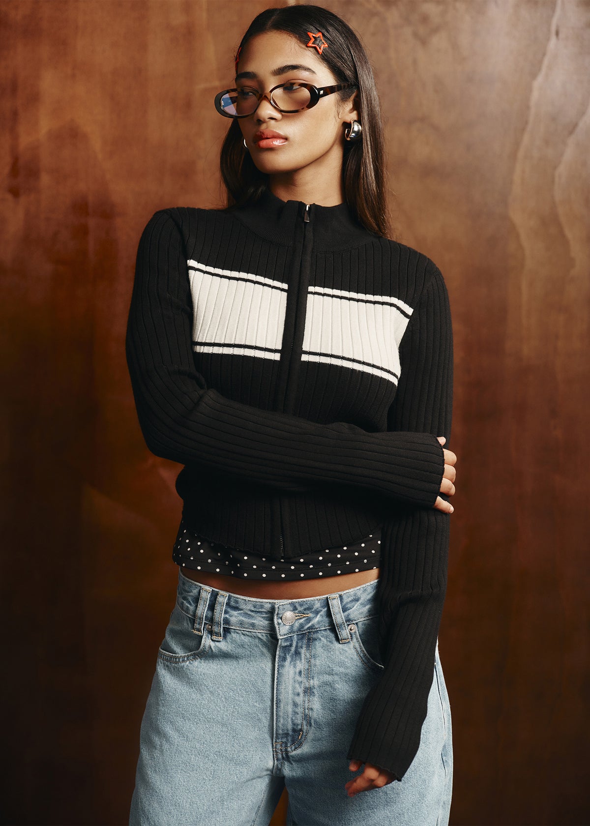 Uma Stripe Zip Through Knit Top BLACK
