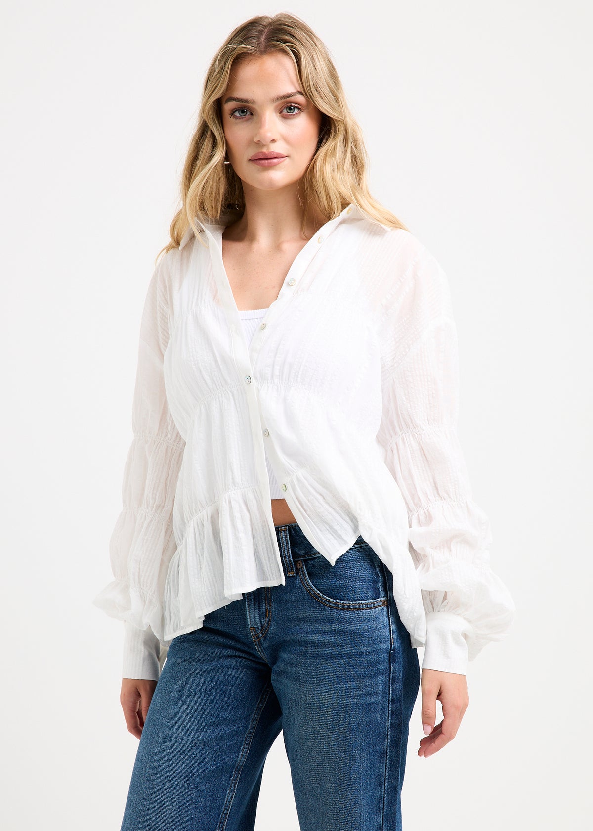 Chicago Shirred Long Sleeve Shirt WHITE