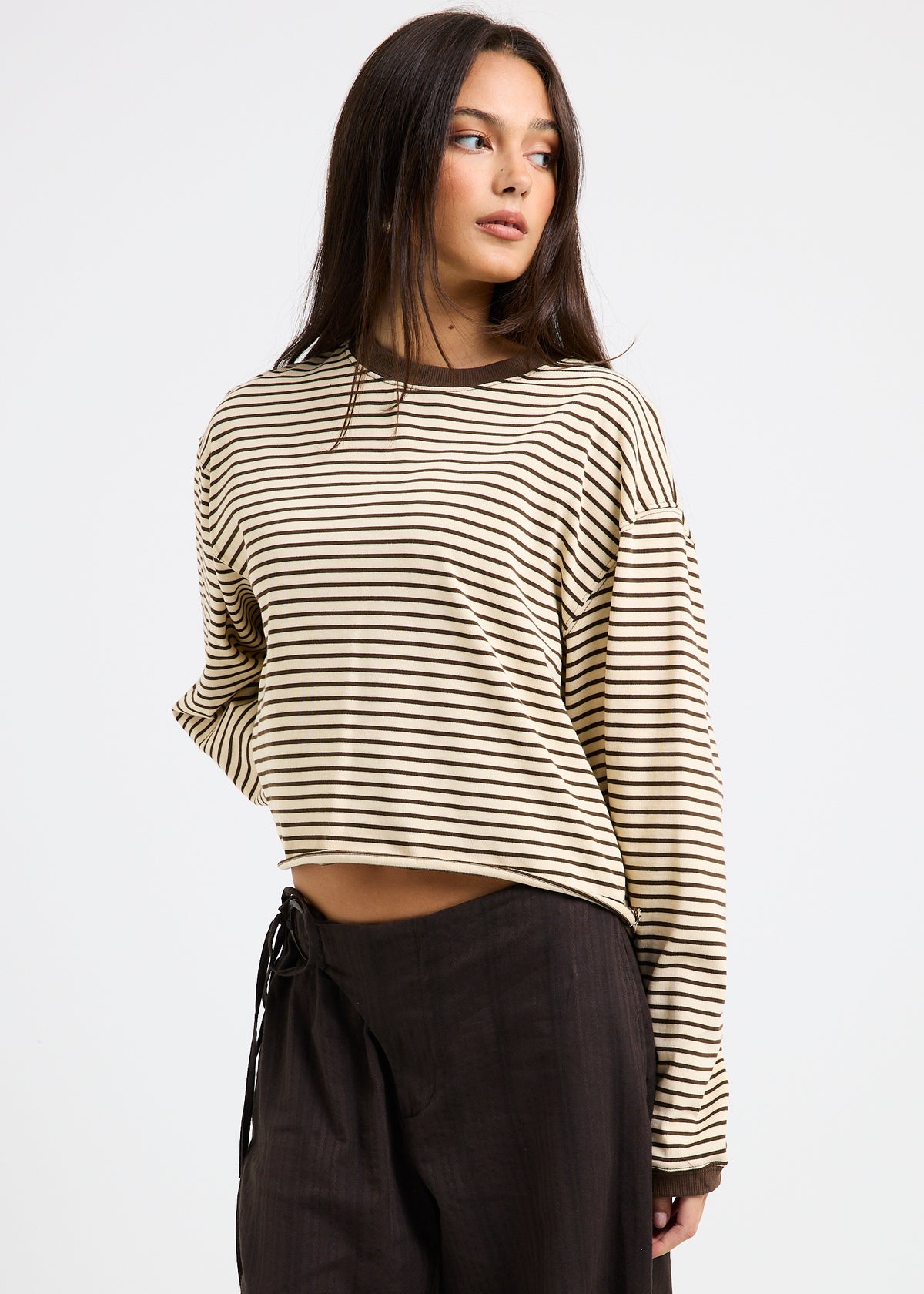 Long Sleeve Stripe Top CHOC/NATURAL