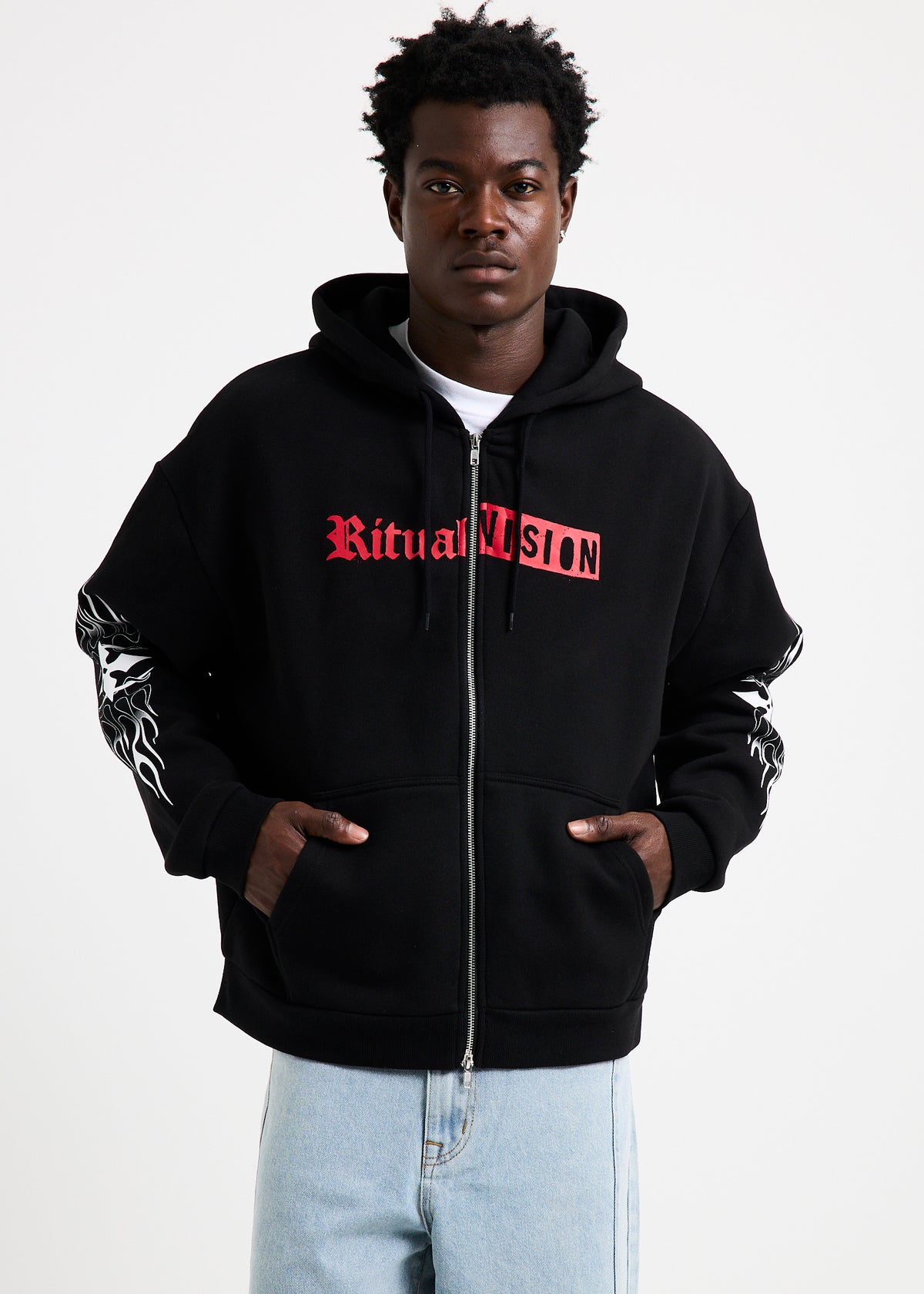Flame Zip Thru Hoodie BLACK