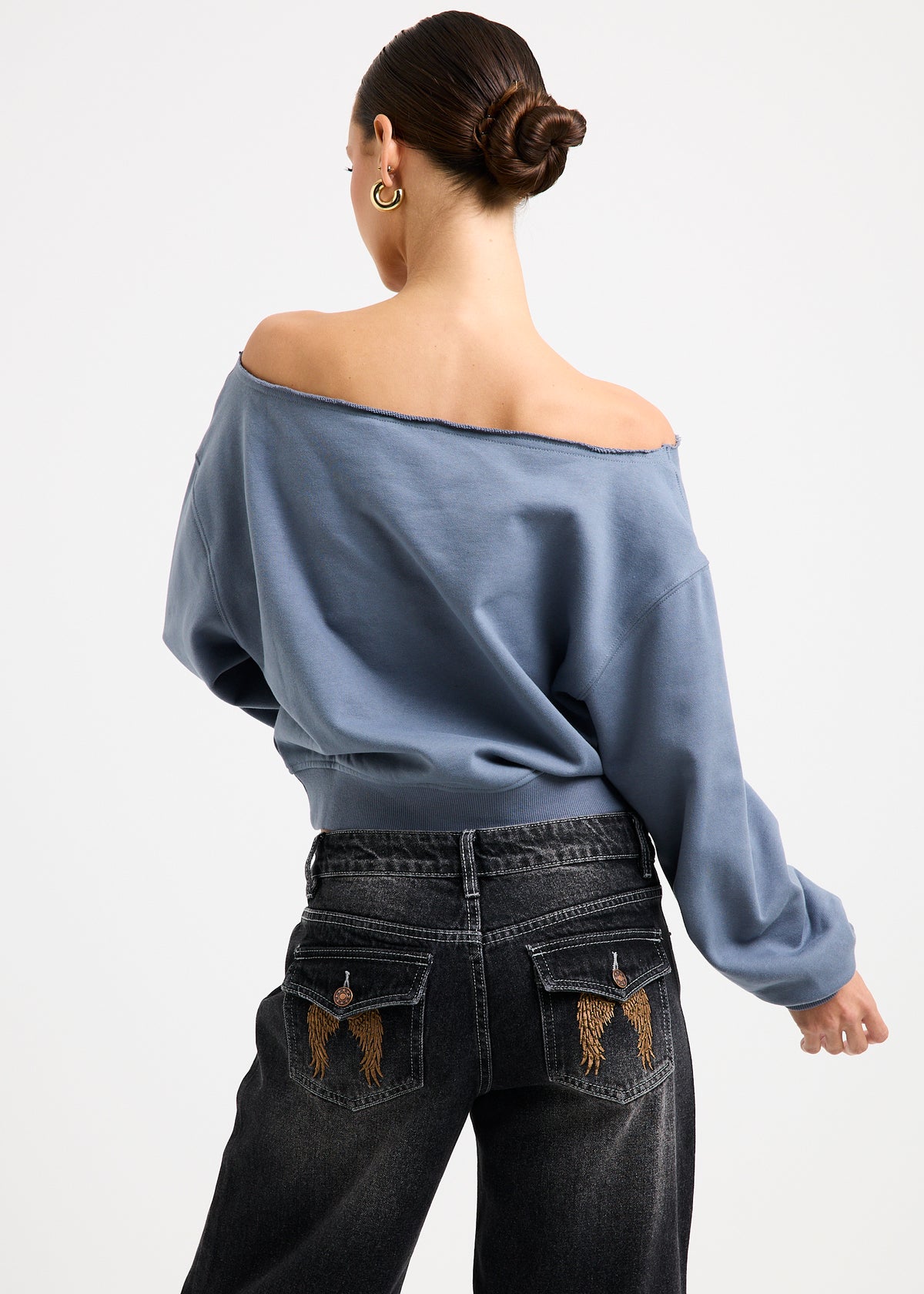 Cisco Scripted Off Shoulder Top BLUE