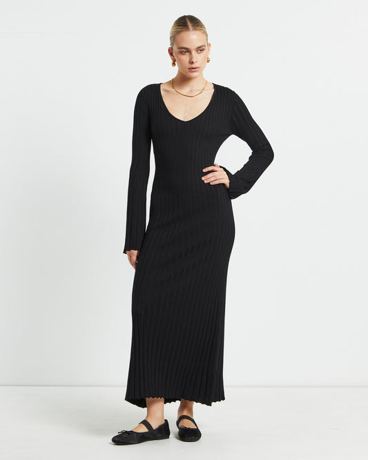 Sophie Long Sleeve Rib Knit Dress Black BLACK