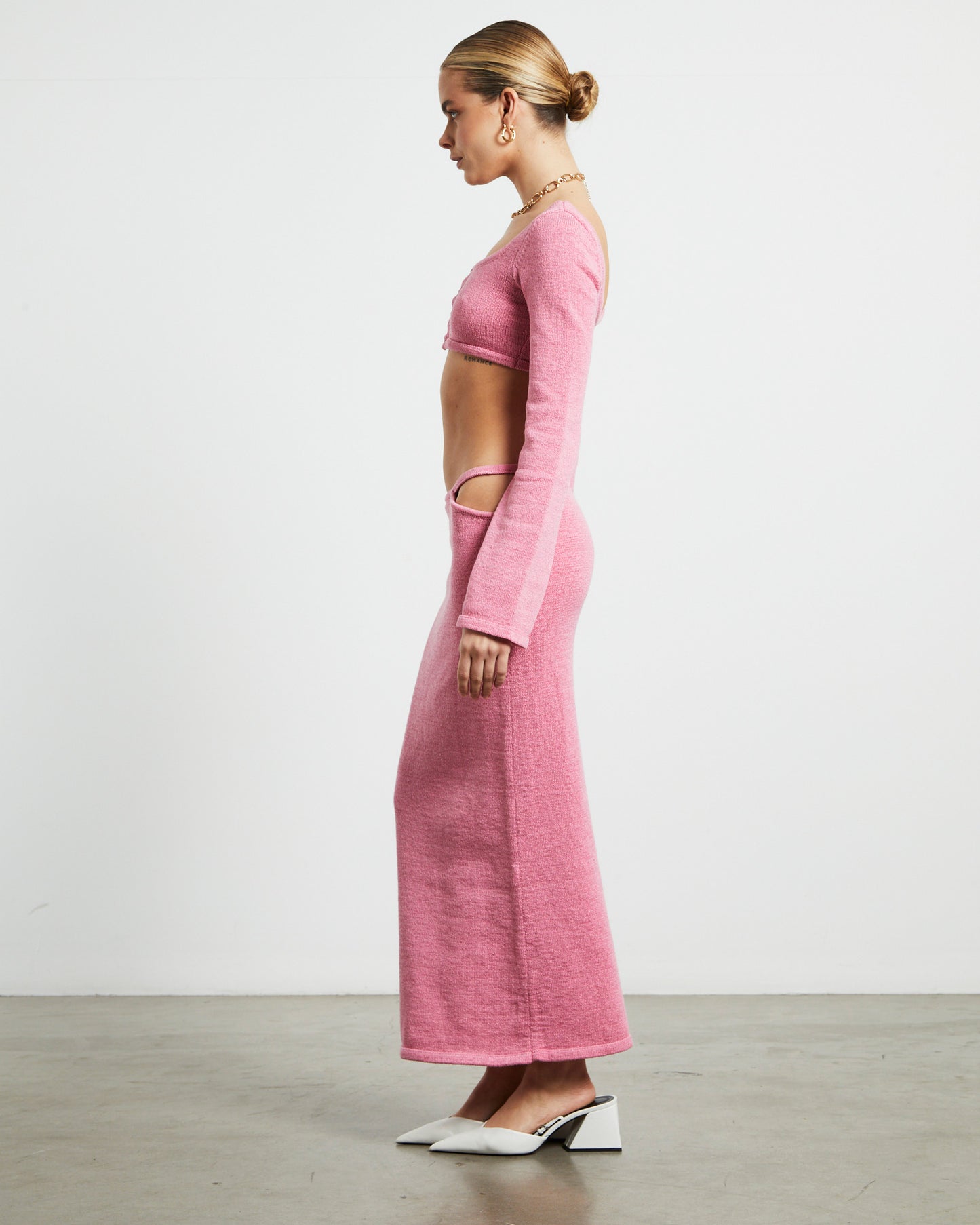 Mika Knit Fitted Long Sleeve Button Up Top in Strawberry Pink